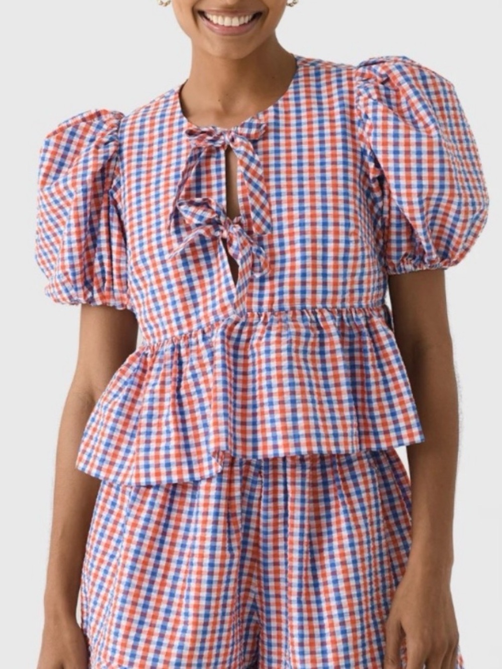 Hunter Bell Red & Blue Gingham Puff-Sleeve Top